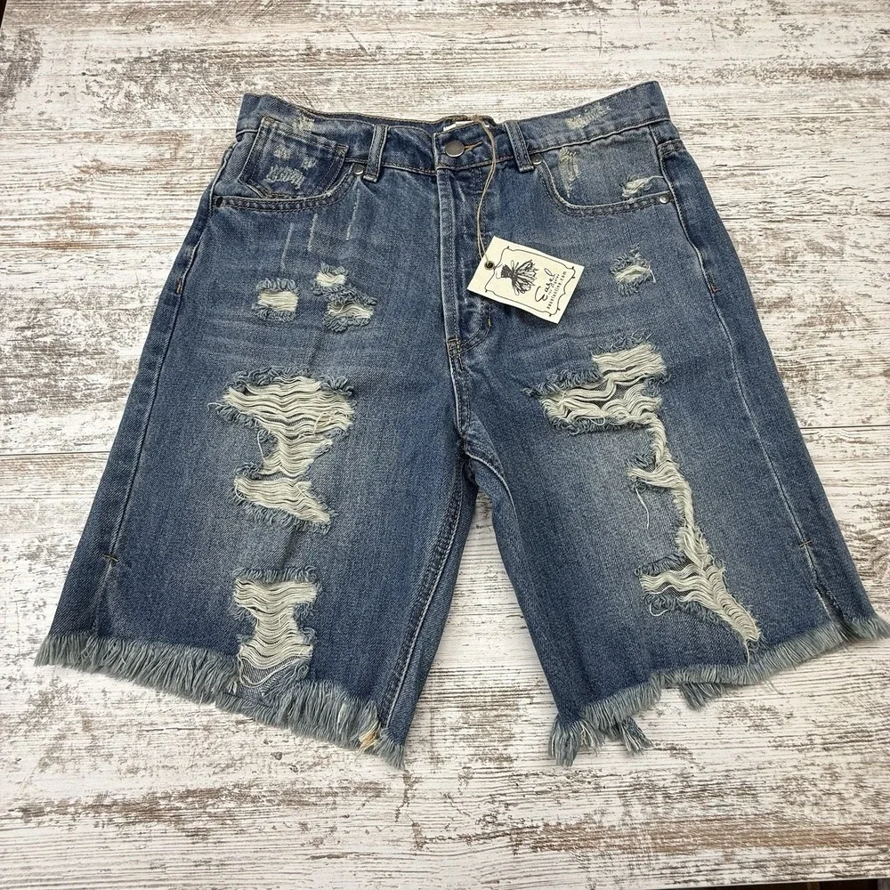 Hippie Bohemian Long Denim Jean Shorts Distressed Raw Hem Fringe Mom Jeans Sz‎ M